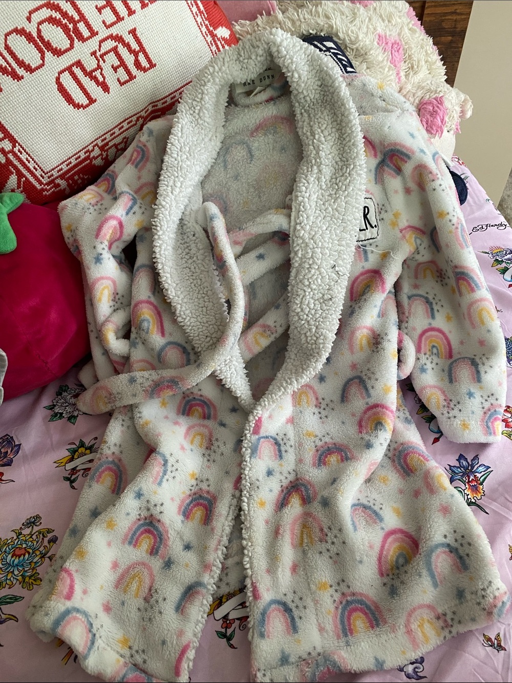 Rae Dunn Plush Kids Robe in White with Pastel Accents